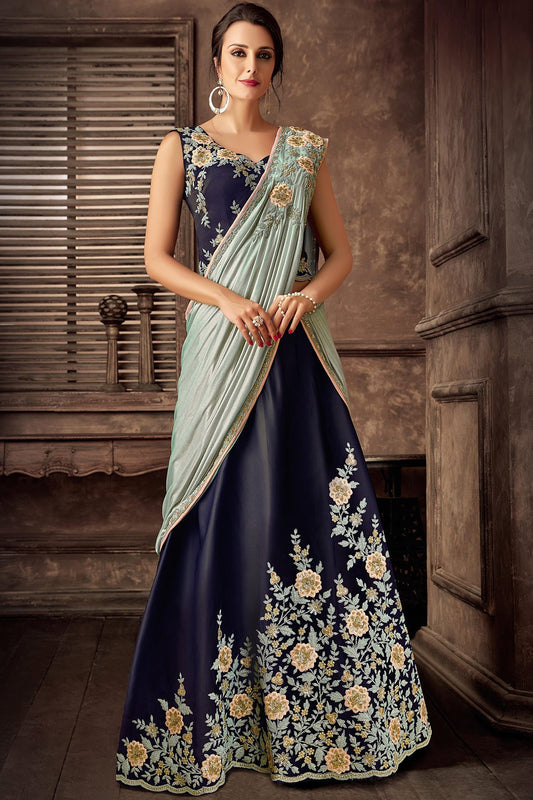 Blue Lehenga set with Cyan Dupatta