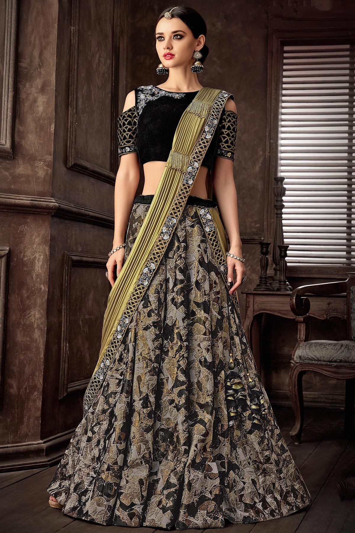 Black Gray Lehenga set with Golden Dupatta