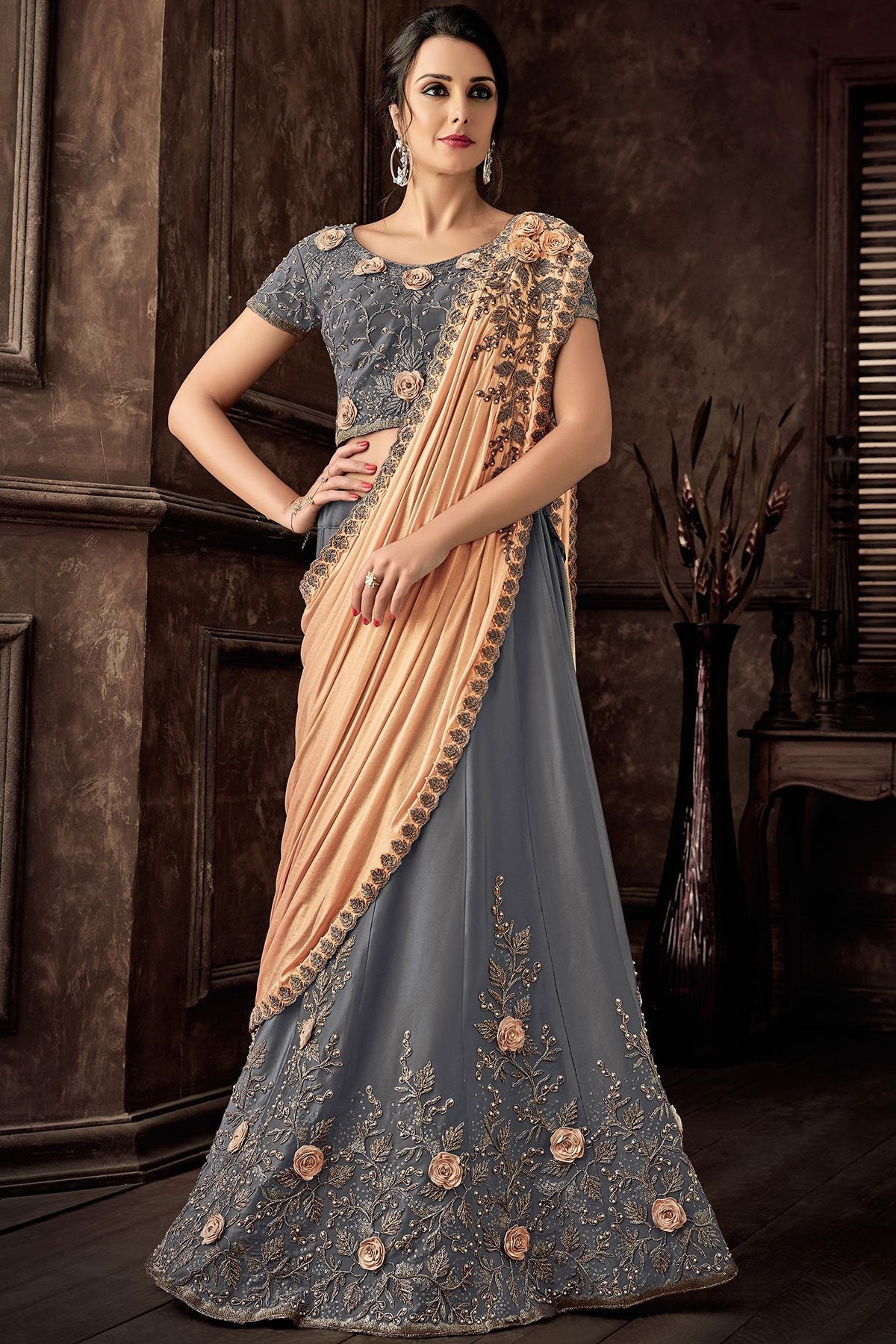 Grey Lehenga set with Peach Dupatta