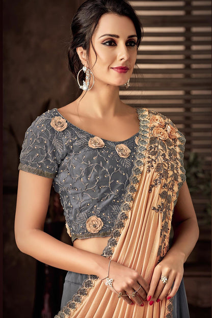 Grey Lehenga set with Peach Dupatta