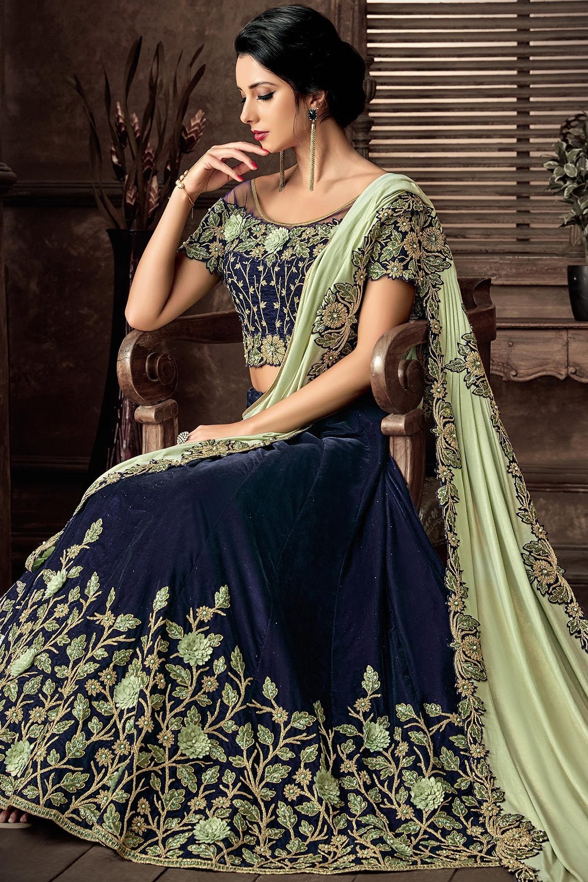 Blue Velvet Party Wear Lehenga set
