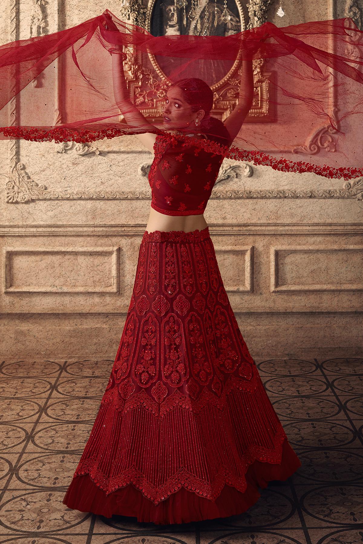 Scarlet Red Designer Net Lehenga Choli Set