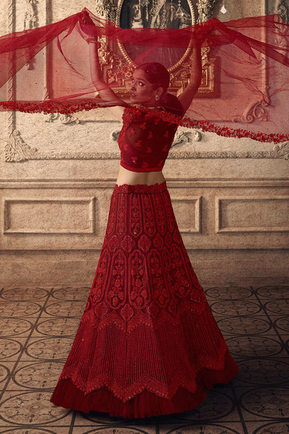 Scarlet Red Designer Net Lehenga Choli Set