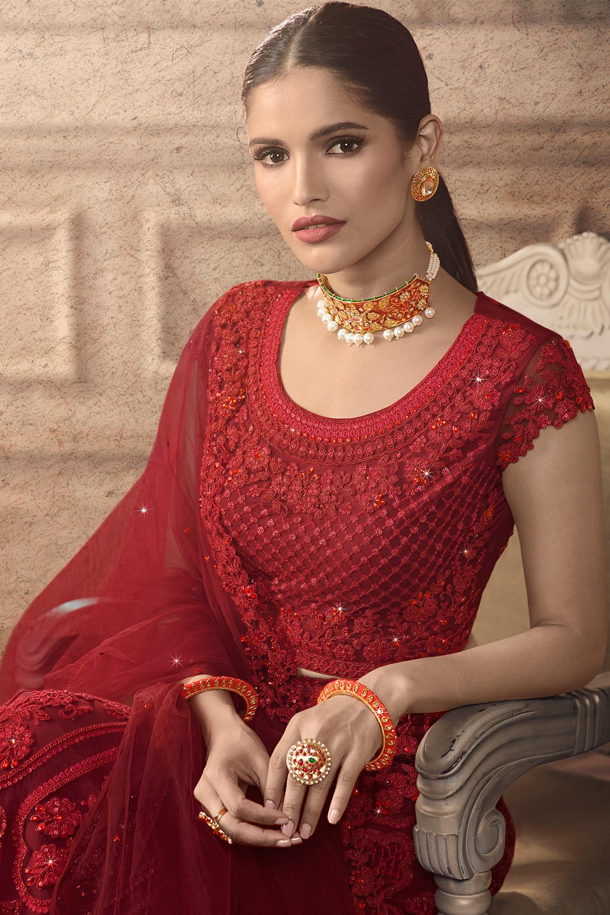 Scarlet Red Designer Net Lehenga Choli Set