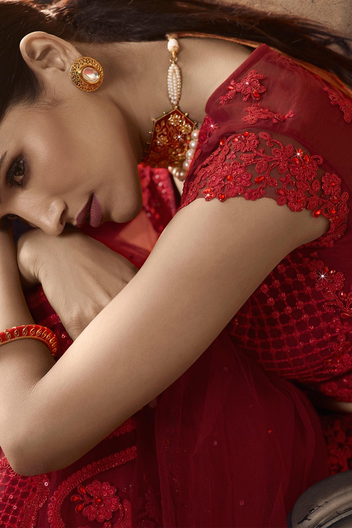 Scarlet Red Designer Net Lehenga Choli Set