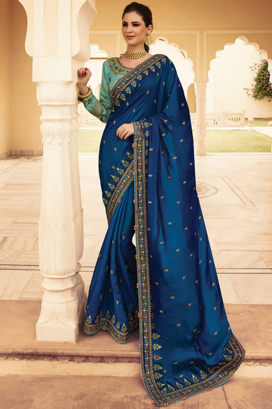 Shapphire and Sky Blue Designer Silk Sari