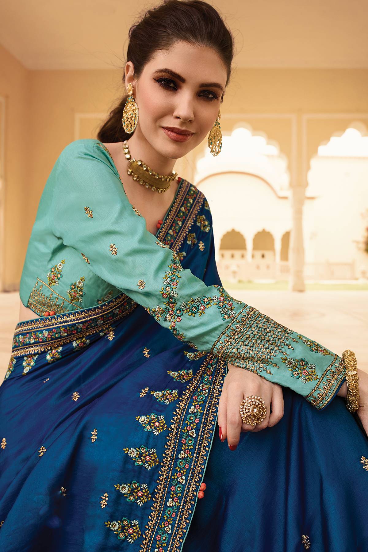 Shapphire and Sky Blue Designer Silk Sari