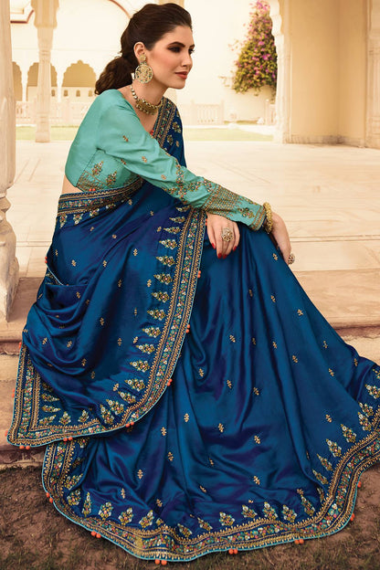 Shapphire and Sky Blue Designer Silk Sari
