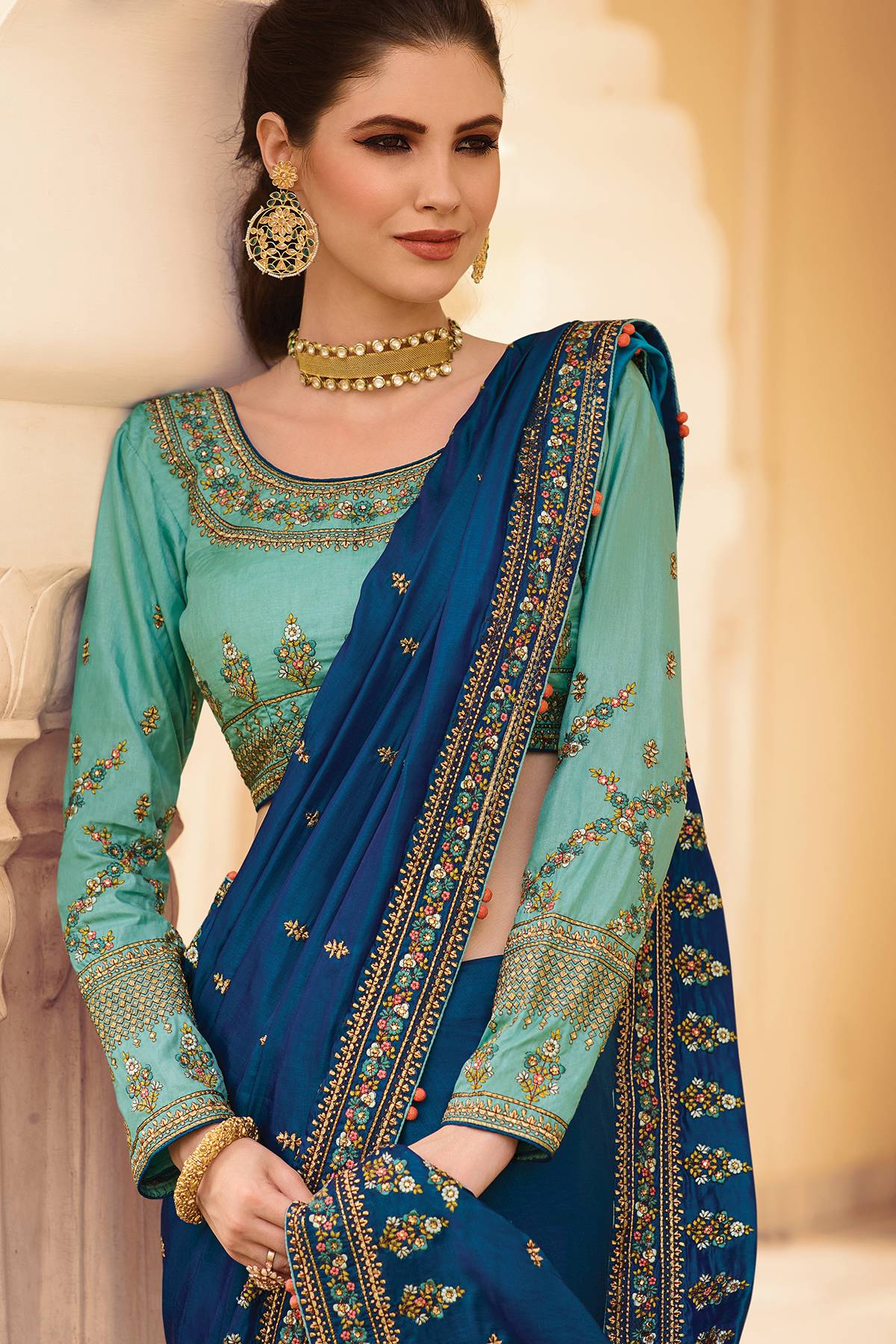 Shapphire and Sky Blue Designer Silk Sari