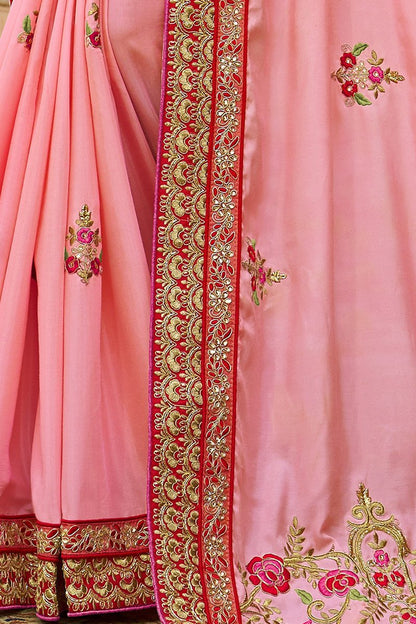 Peach colored Silk Saree with Maroon colored Blouse