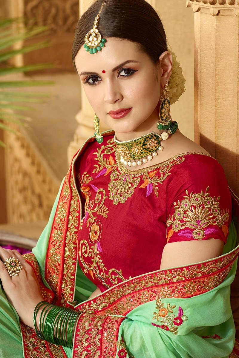Mint-Green colored Silk Saree with Maroon colored Blouse