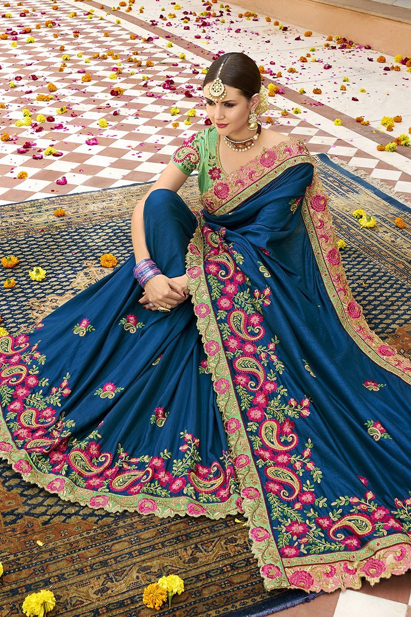 Teal-Blue colored Silk Saree with Mint-Green Blouse