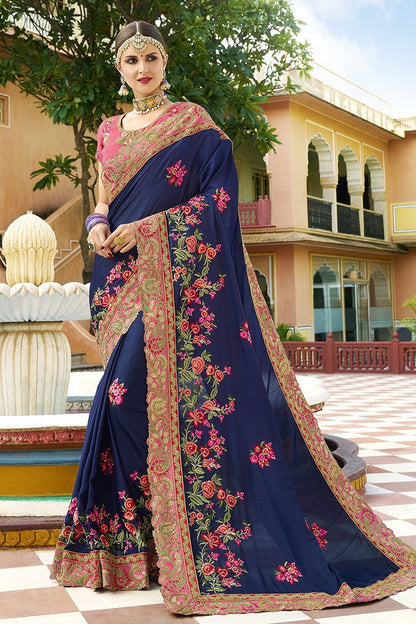 Mid-Night Blue Silk Sari with Flamingo-Pink Blouse