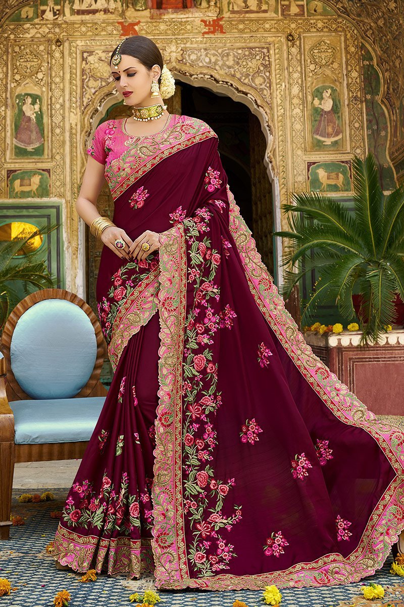 Wine colored Silk Saree with Flamingo-Pink Blouse