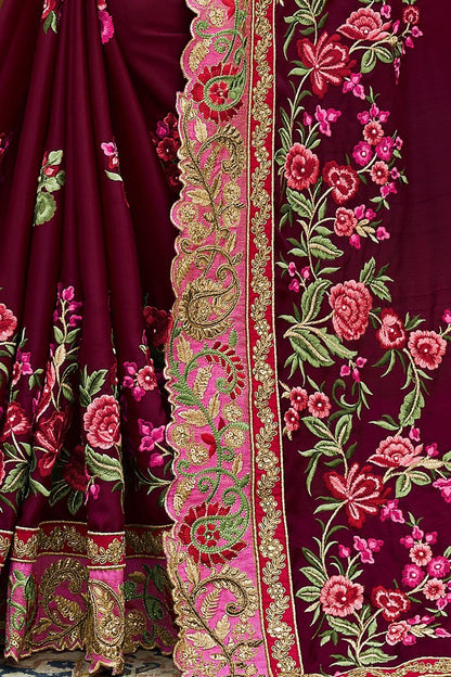 Wine colored Silk Saree with Flamingo-Pink Blouse