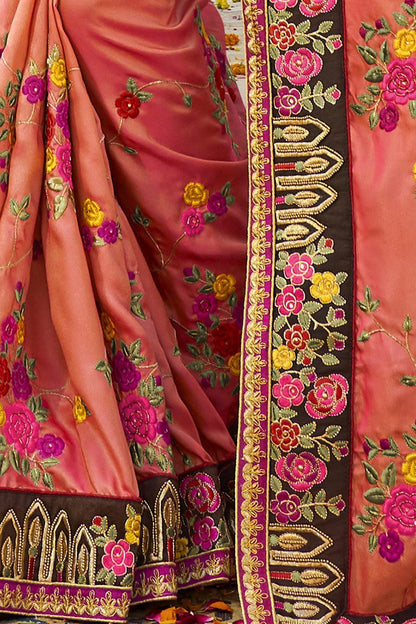 Strawberry-Pink colored Silk Saree with Chocolate-Brown Blouse