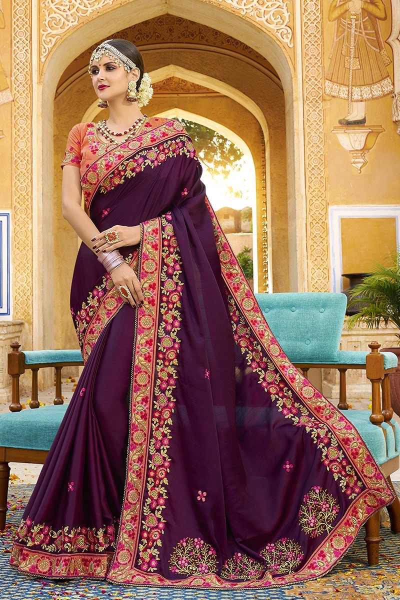 Wine Berry colored Silk Saree with Pink Blouse