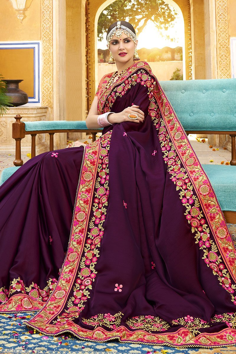 Wine Berry colored Silk Saree with Pink Blouse