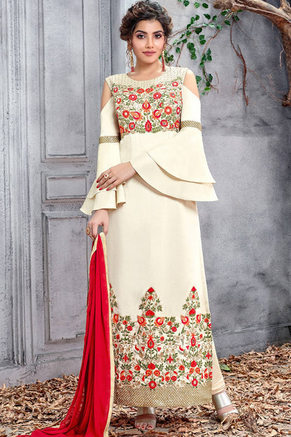 Silk Off White Designer Straight Suit