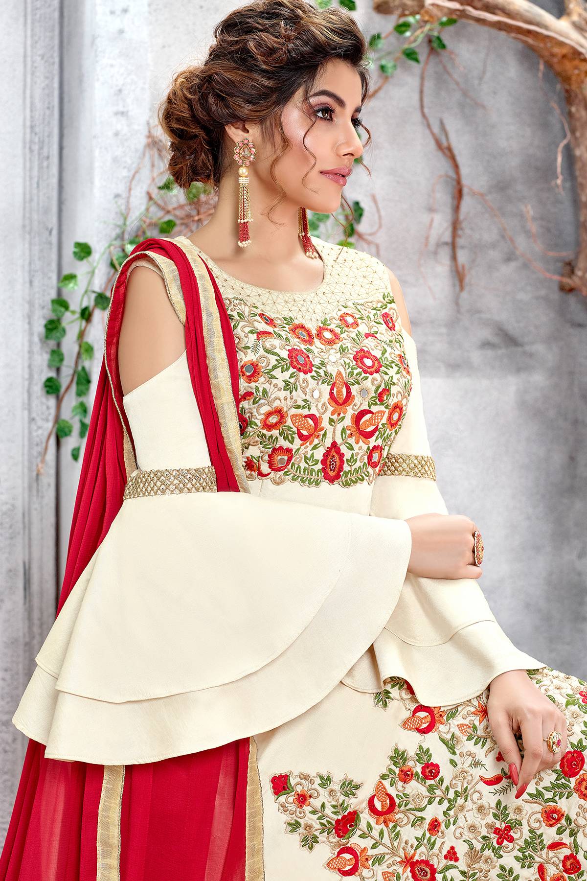 Silk Off White Designer Straight Suit