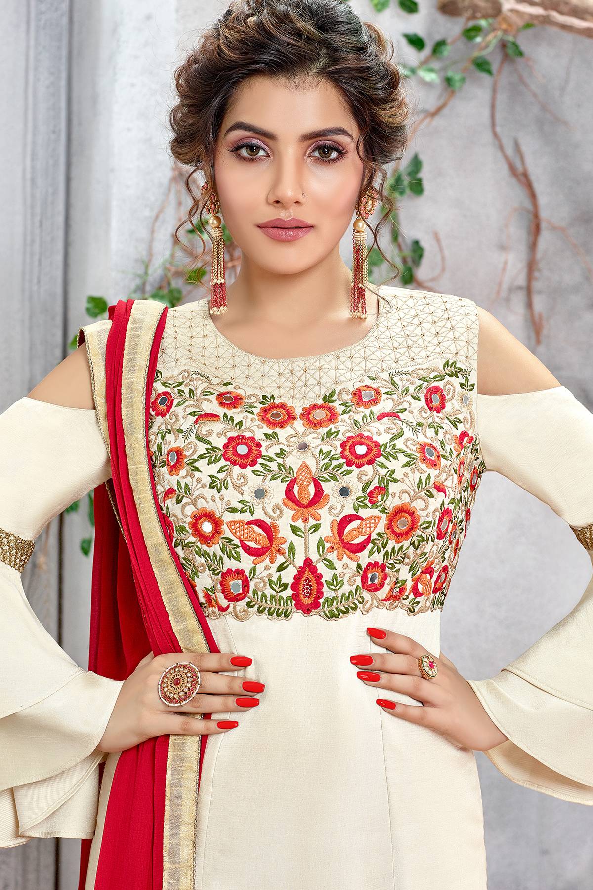 Silk Off White Designer Straight Suit