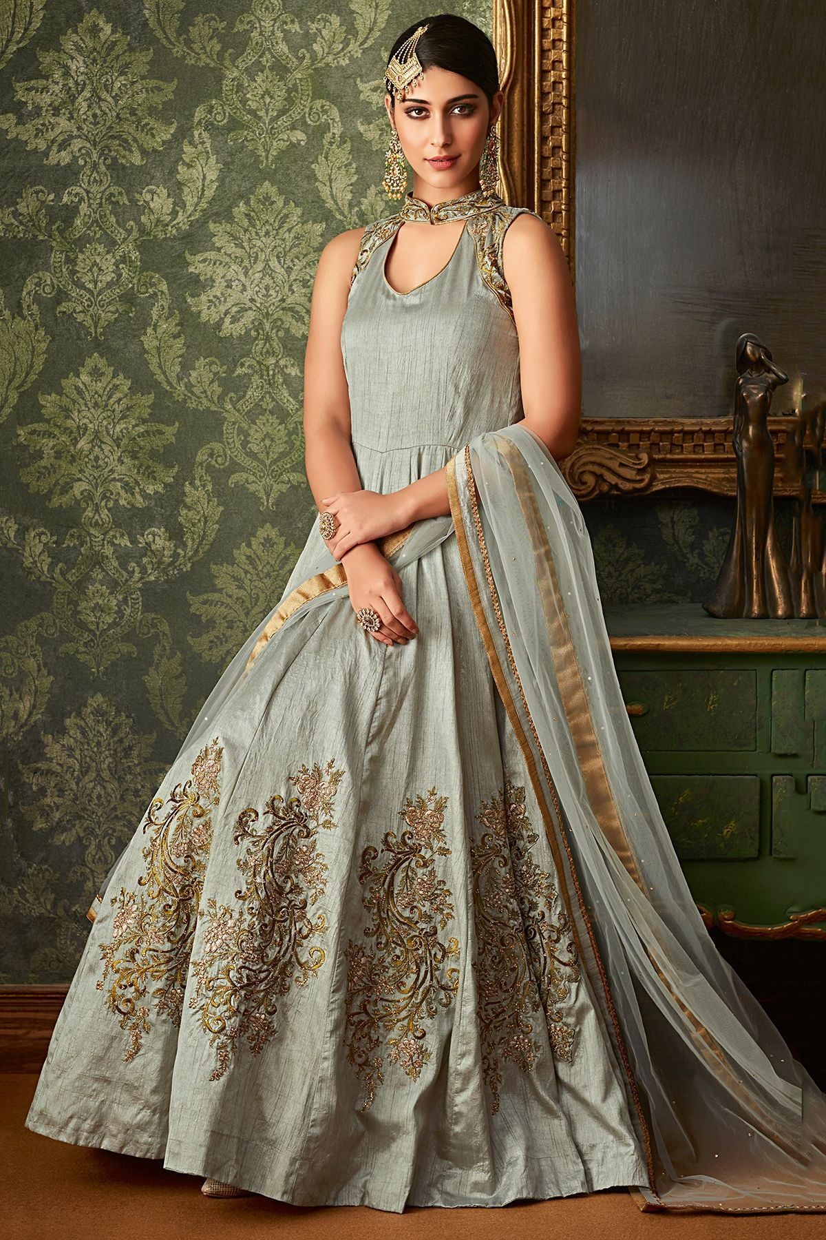 Silver Embroidered Party Wear Anarkali Suit
