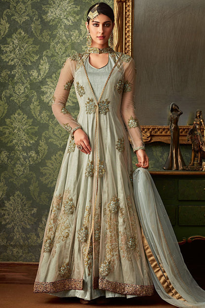 Silver Embroidered Party Wear Anarkali Suit