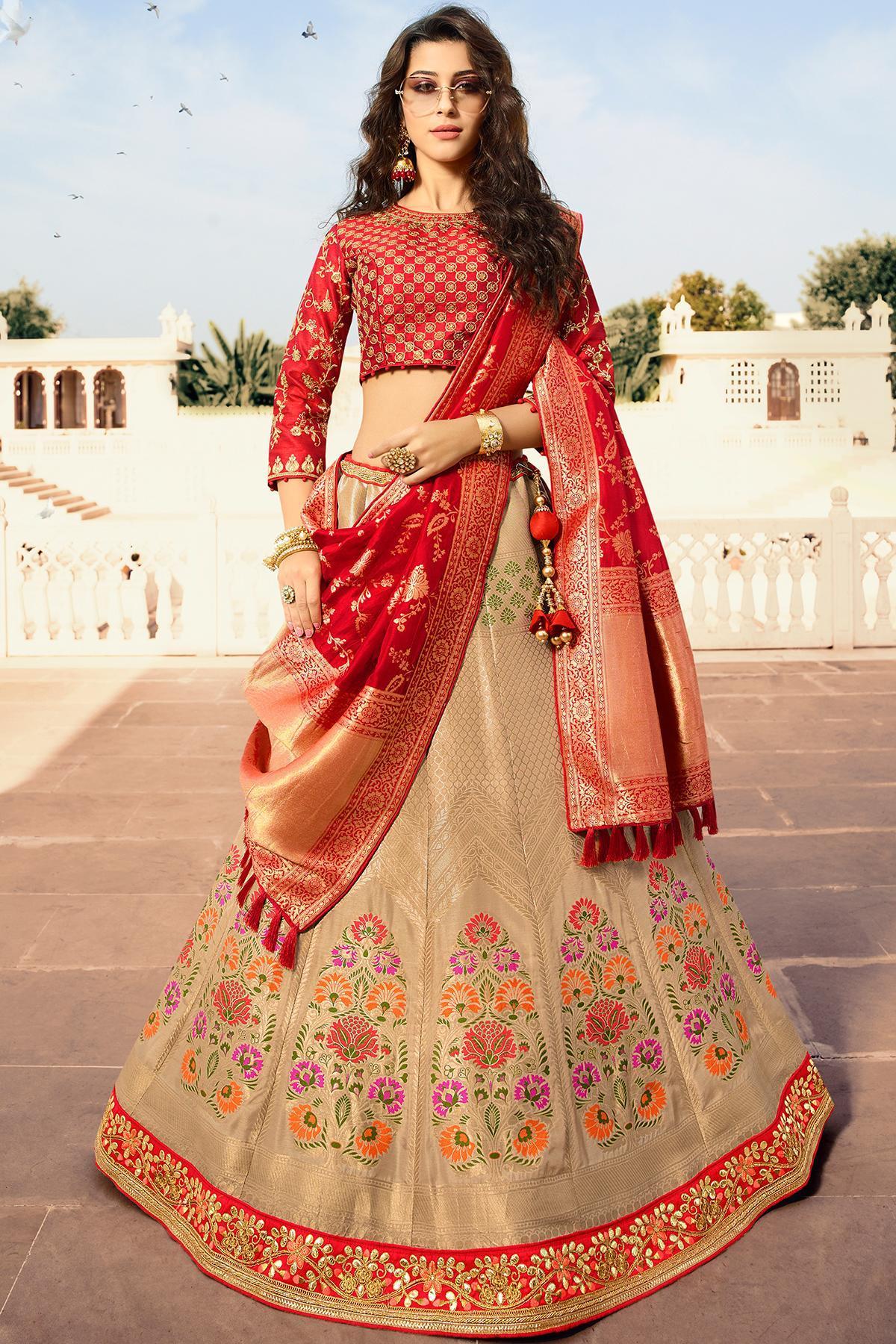 Silver Grey and Candy Red Silk Lehenga Choli
