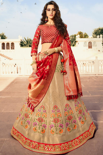 Silver Grey and Candy Red Silk Lehenga Choli