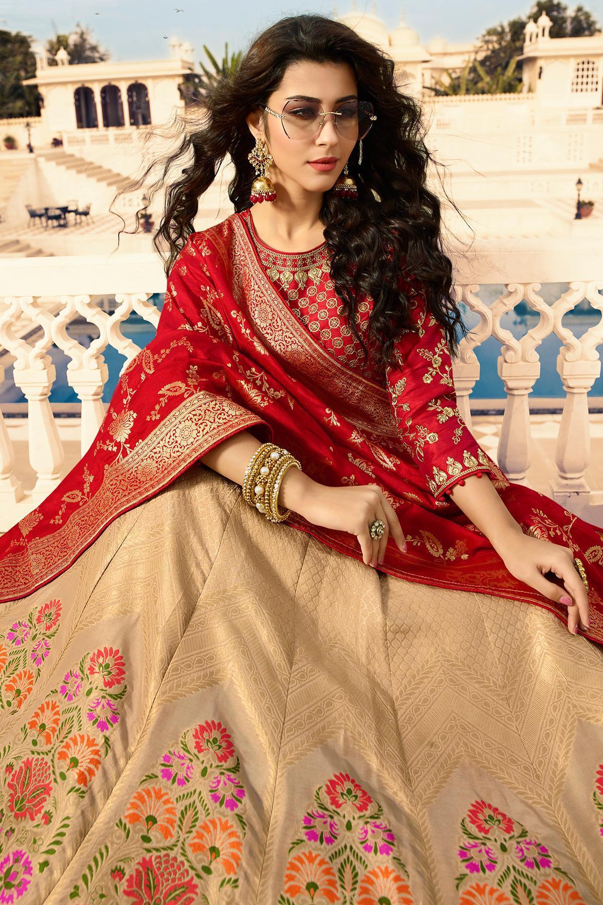 Silver Grey and Candy Red Silk Lehenga Choli
