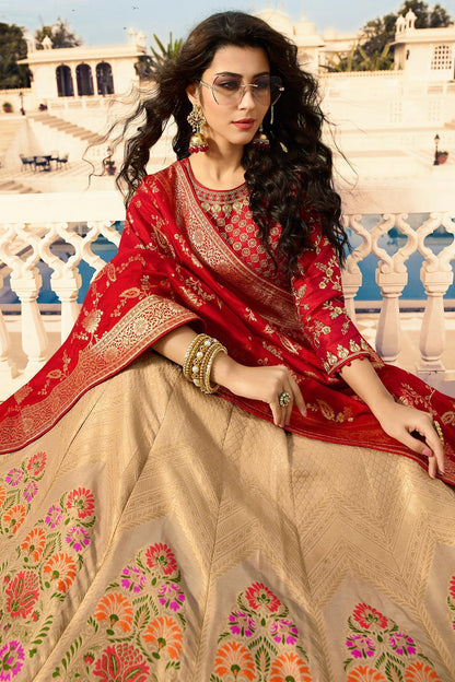 Silver Grey and Candy Red Silk Lehenga Choli
