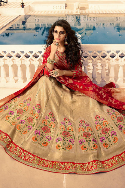 Silver Grey and Candy Red Silk Lehenga Choli