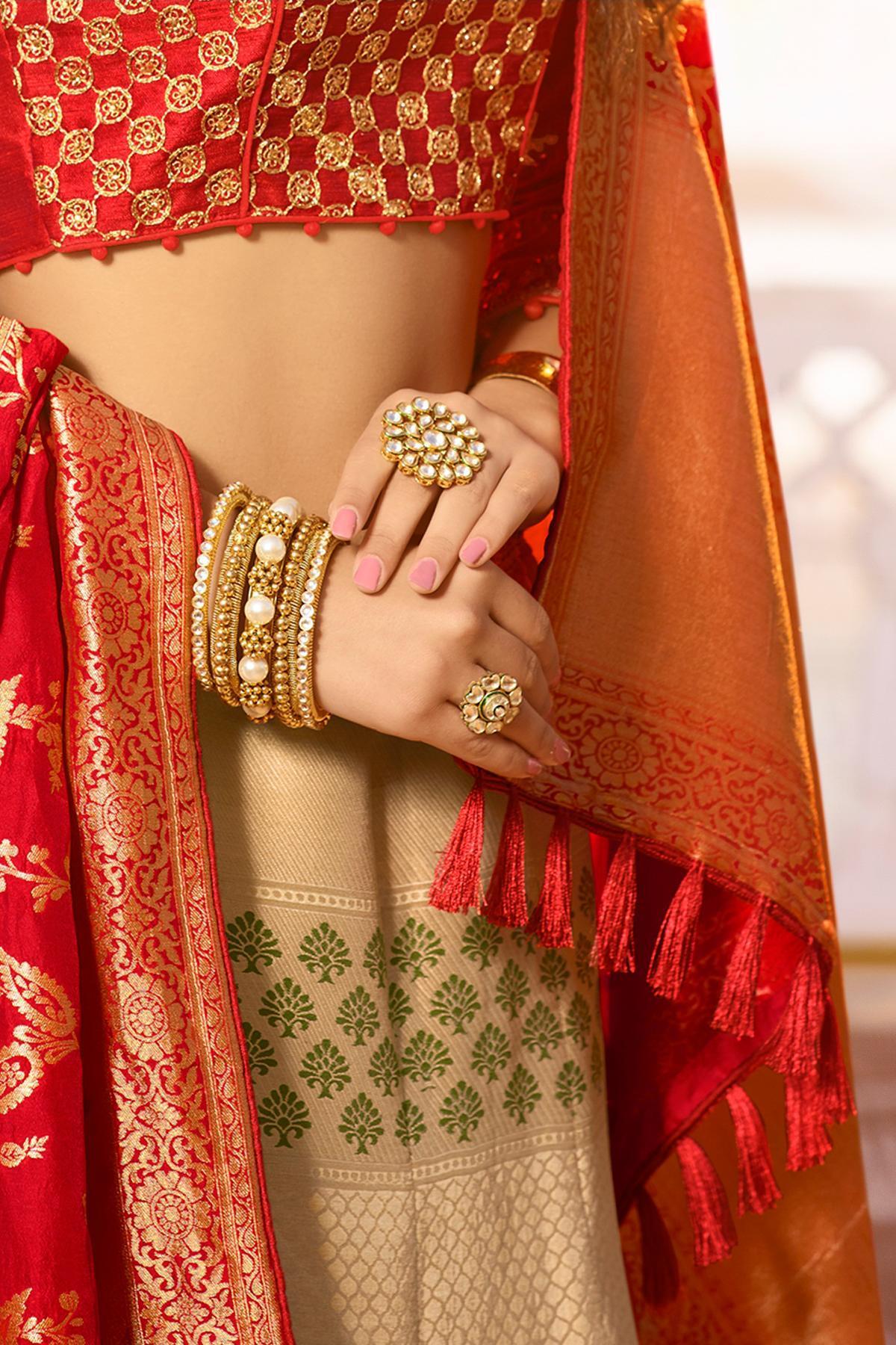 Silver Grey and Candy Red Silk Lehenga Choli