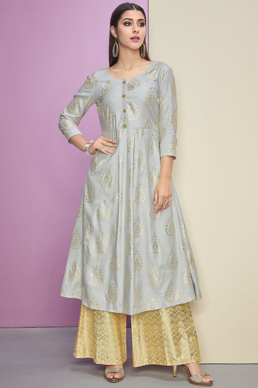 Silver Grey Designer Cotton Kurti With Palazzo