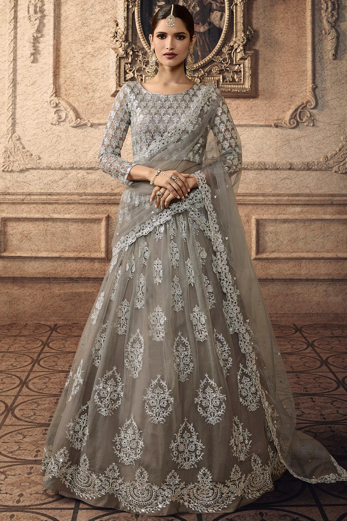 Silver Grey Designer Net Lehenga Choli Set