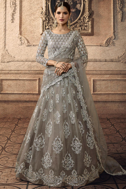 Silver Grey Designer Net Lehenga Choli Set
