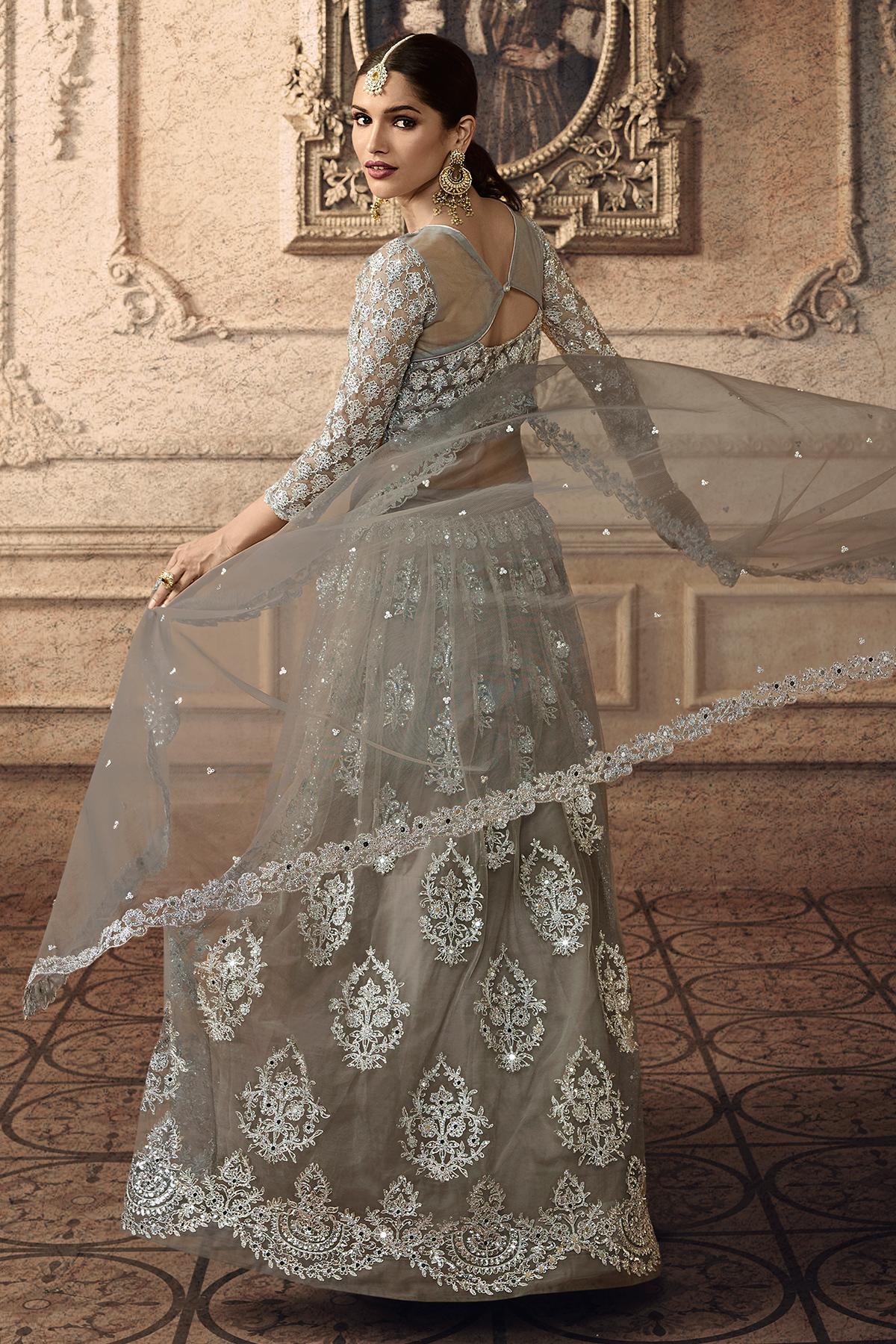 Silver Grey Designer Net Lehenga Choli Set