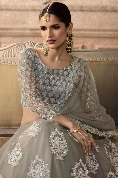 Silver Grey Designer Net Lehenga Choli Set