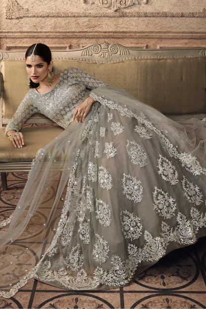 Silver Grey Designer Net Lehenga Choli Set