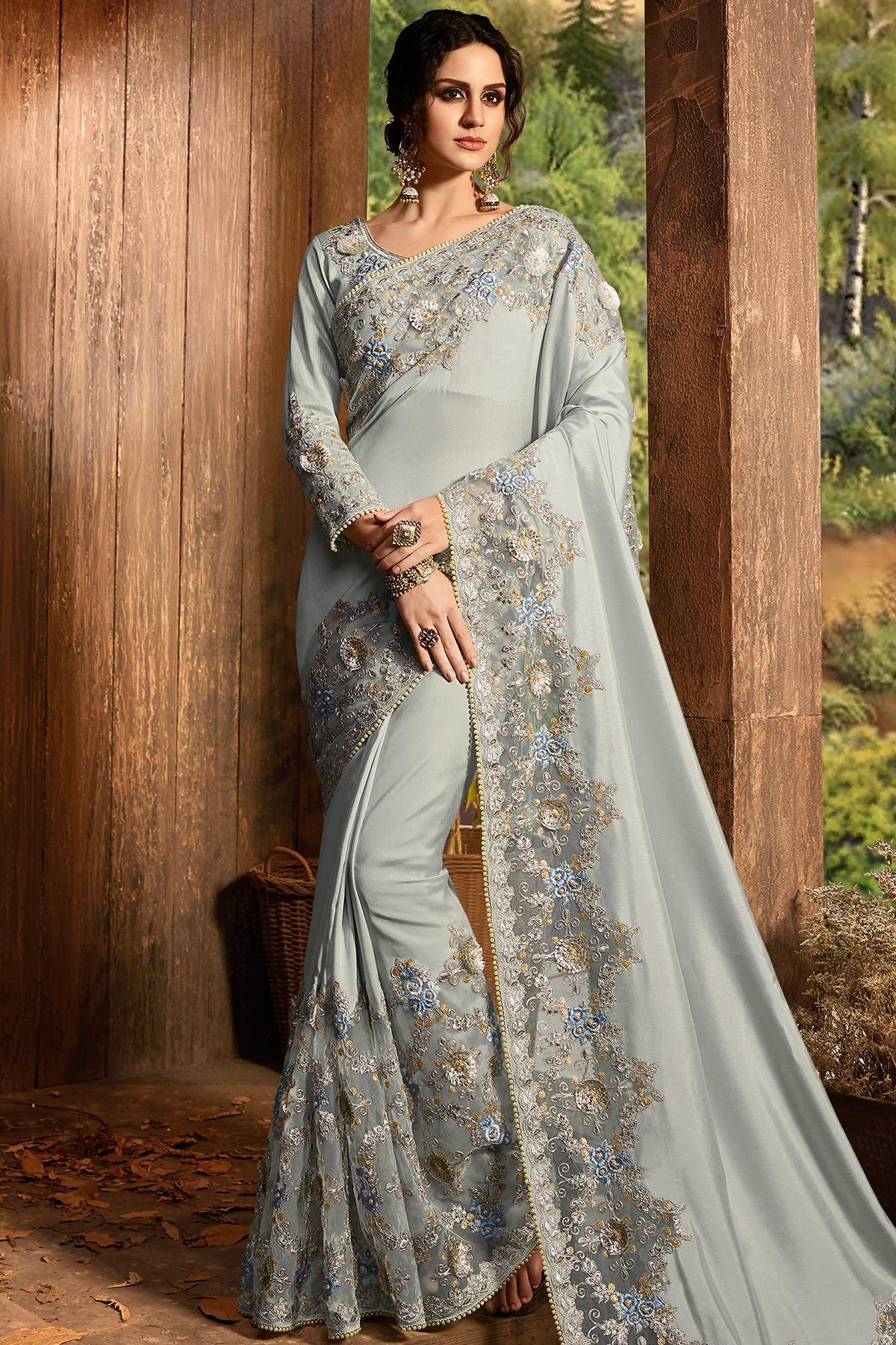 Silver Grey Designer Party Wear Silk Sari