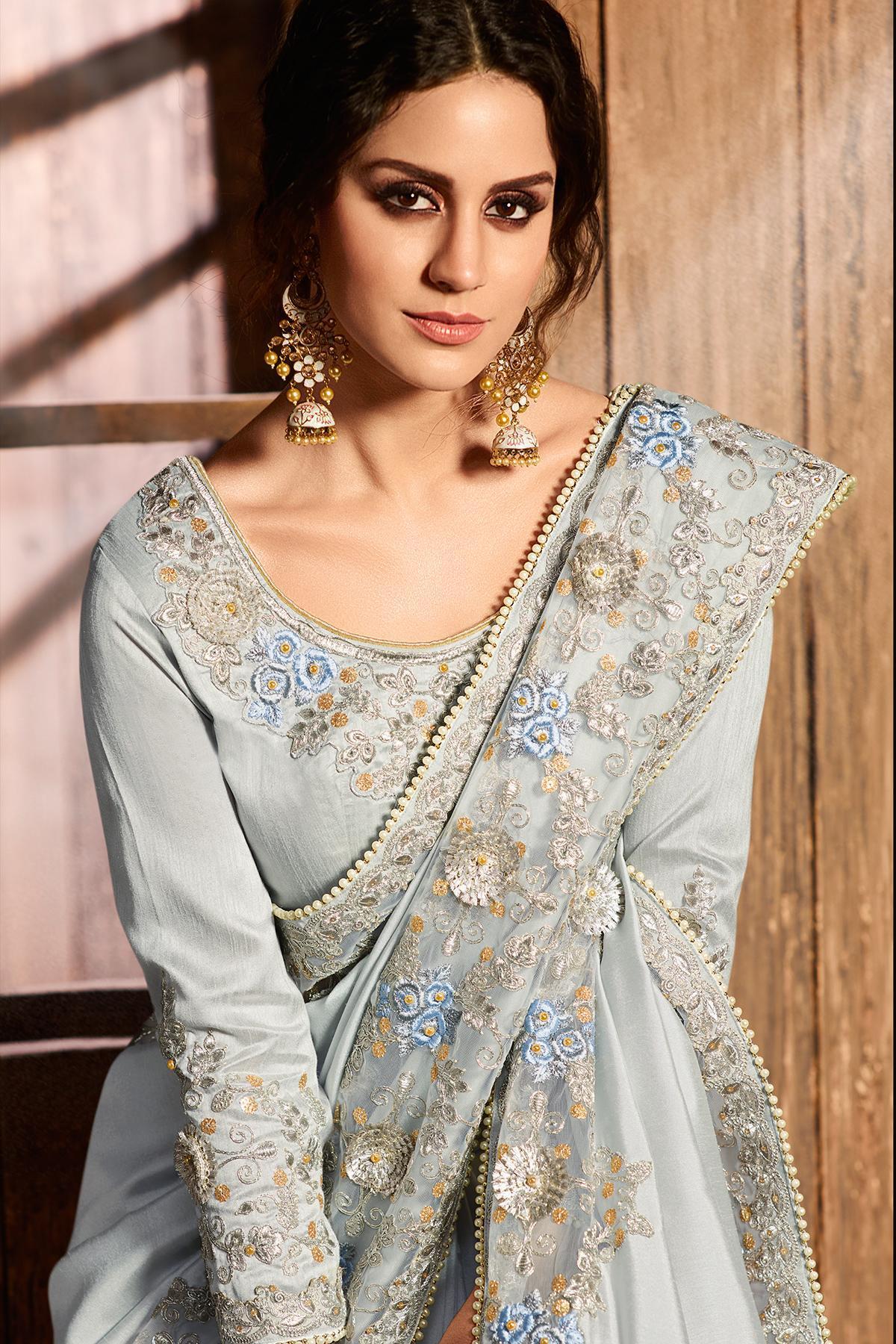 Silver Grey Designer Party Wear Silk Sari