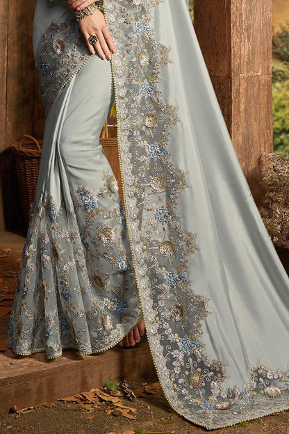 Silver Grey Designer Party Wear Silk Sari