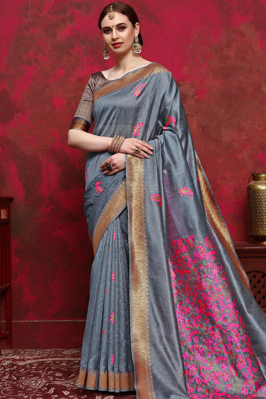 Silver Grey Designer Silk Sari