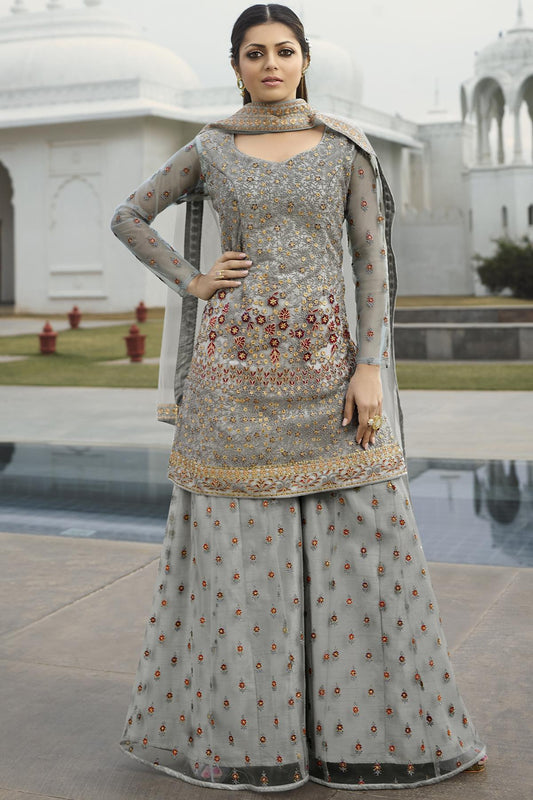 Silver Grey Embroidered Designer Palazzo Suit