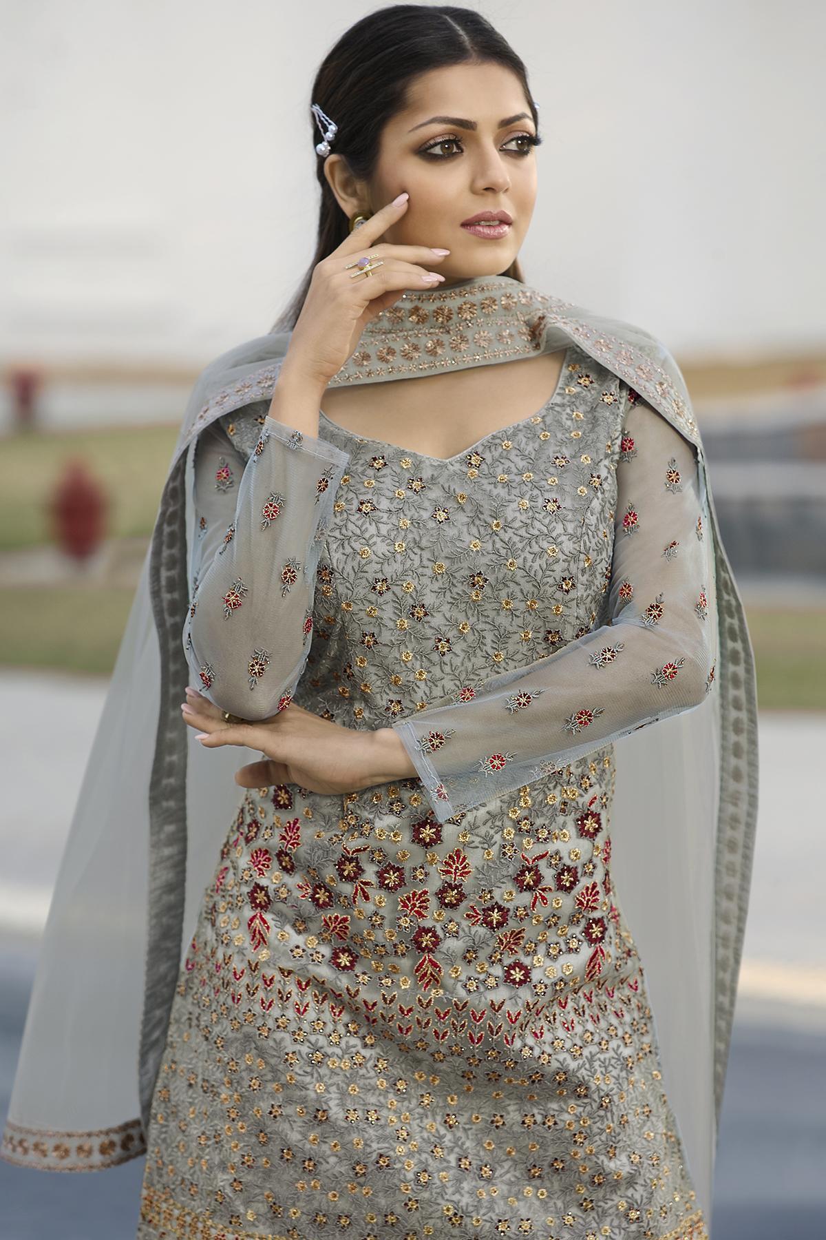 Silver Grey Embroidered Designer Palazzo Suit