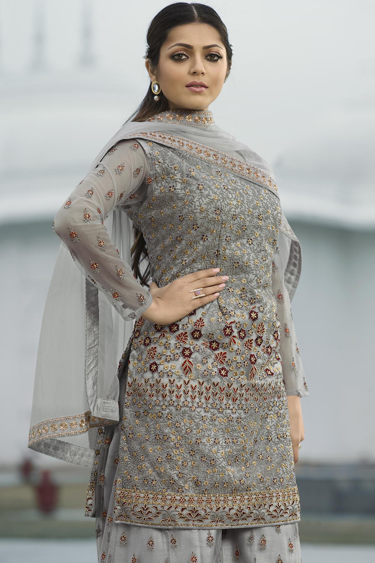 Silver Grey Embroidered Designer Palazzo Suit