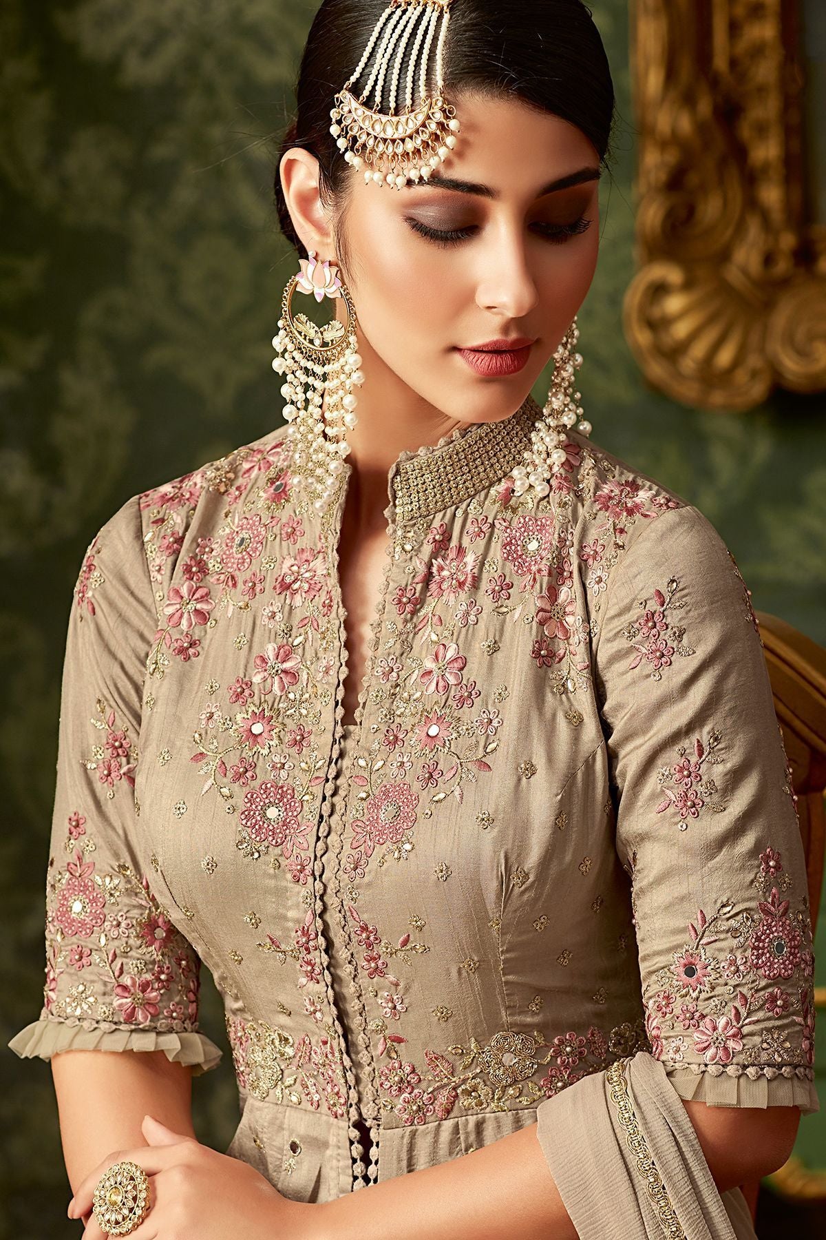 Silver Grey Embroidered Slit Cut Suit
