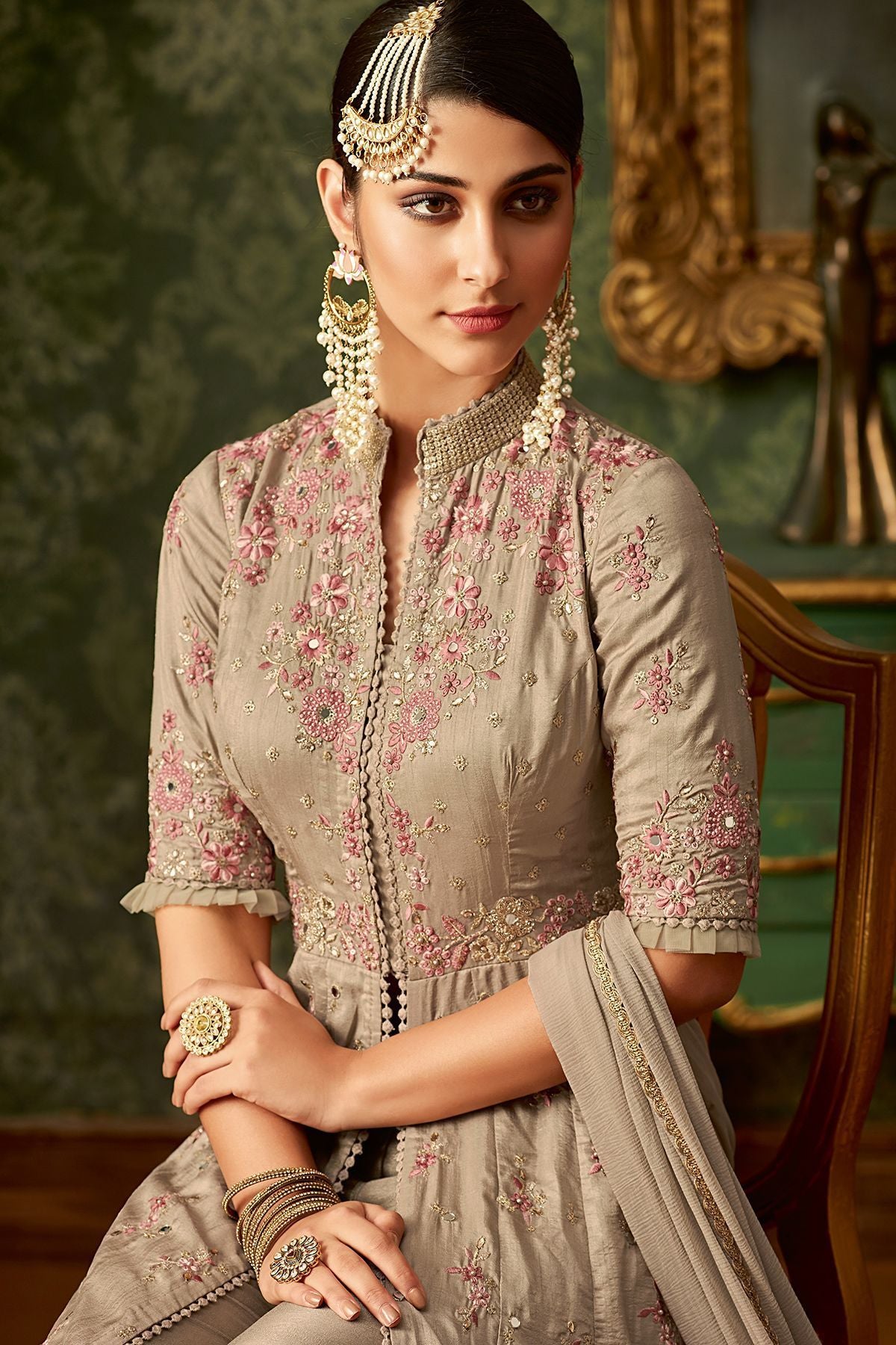 Silver Grey Embroidered Slit Cut Suit