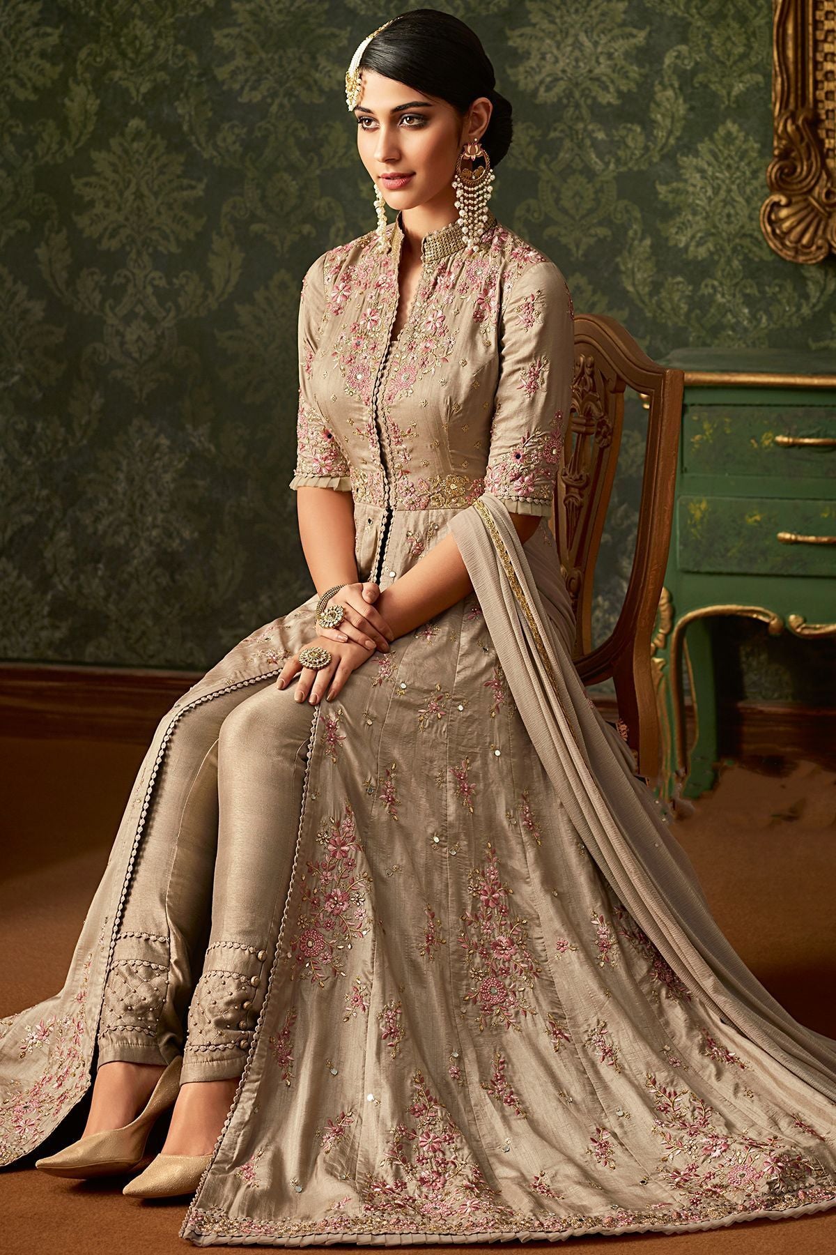Silver Grey Embroidered Slit Cut Suit