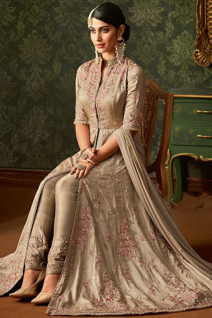Silver Grey Embroidered Slit Cut Suit